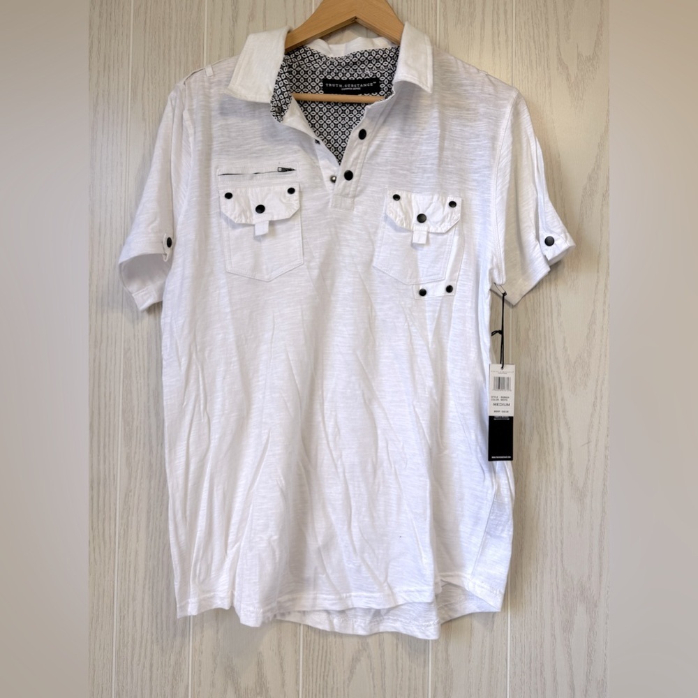 Truth Substance Common Sense Mens White 1/4 Button-Up Short Sleeve Size M NWT